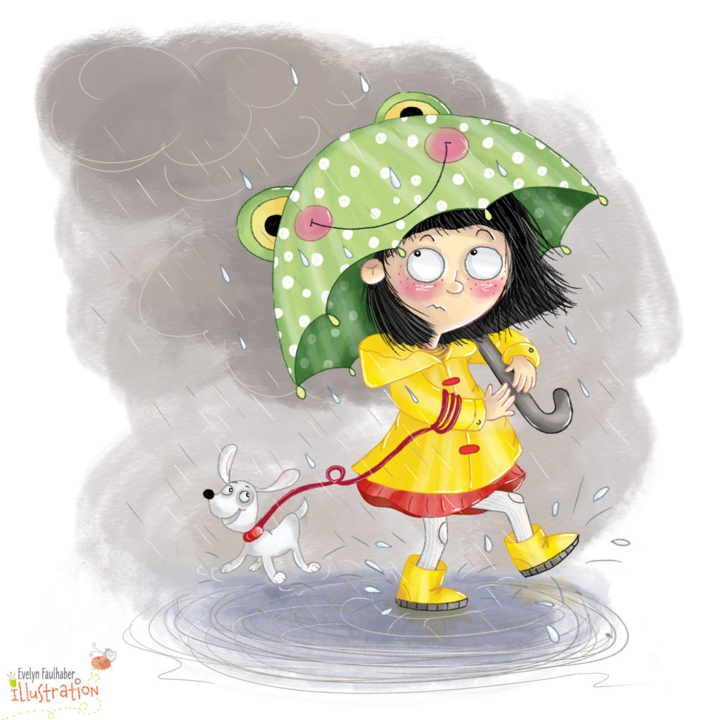 regenschirm, dailydoodle, illustration kinder, charakter design, evelyn faulhaber illustration, regen
