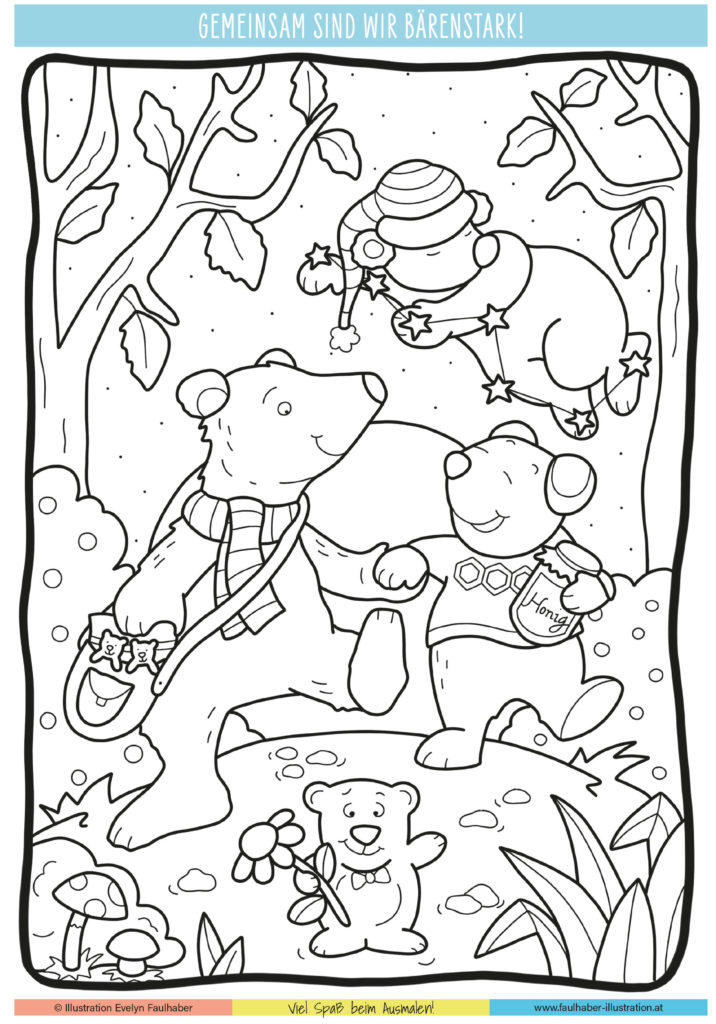 ausmalbild, bärenstarkes fest, kindergarten st. gilgen, evelyn faulhaber illustration