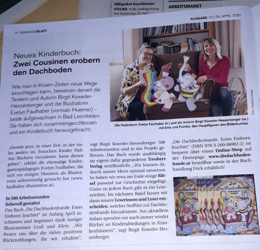 die dachbodenbande - enies einhorn leuchtet, einhorn, elefant, kinderbuch, treuherz verlag, evelyn faulhaber illustration, birgit koxeder-hessenberger, gemeindeblatt bad leonfelden