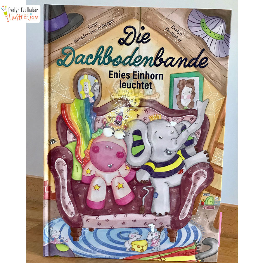 die dachbodenbande, evelyn faulhaber, evelyn faulhaber illustration, treuherz verlag, kinderbuch, illustration