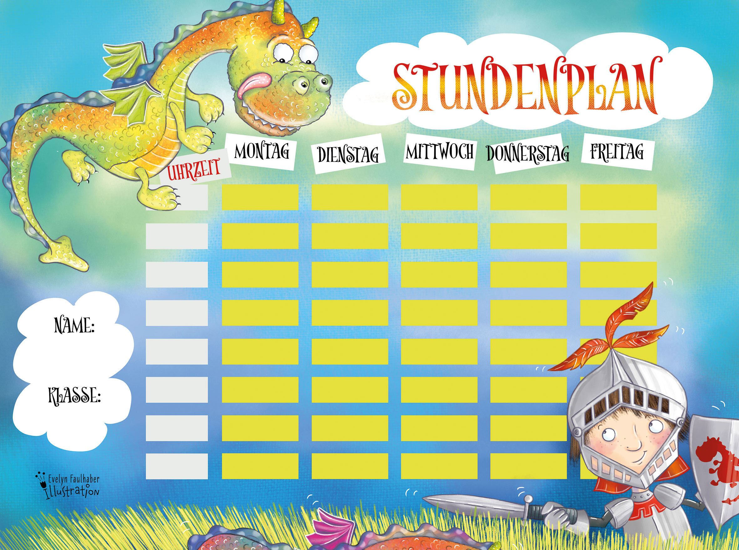 freebie, stundenplan, illustration drache, ritter, evelyn faulhaber illustration, kinderbuchillustratorin, kinderbuchillustration, illustratorin österreich