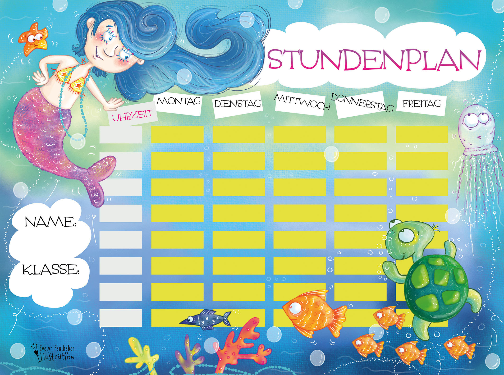 freebie, stundenplan, illustration meerjungfrau, unterwasserwelt, evelyn faulhaber illustration, kinderbuchillustratorin, kinderbuchillustration, illustratorin österreich