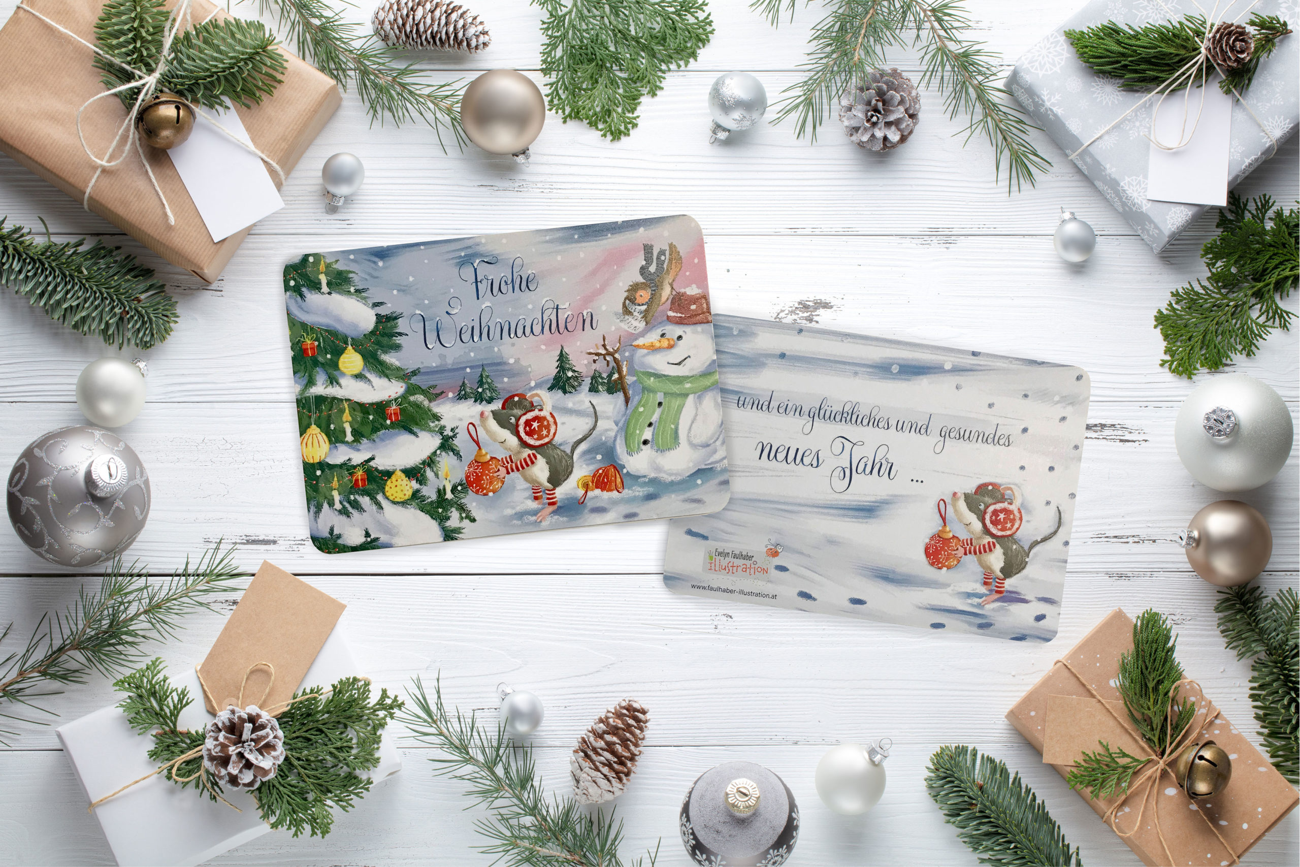 weihnachtskarte, weihnachten, maus, tiere im wald, schneemann, weihnachtsmaus, christbaum, evelyn faulhaber illustration