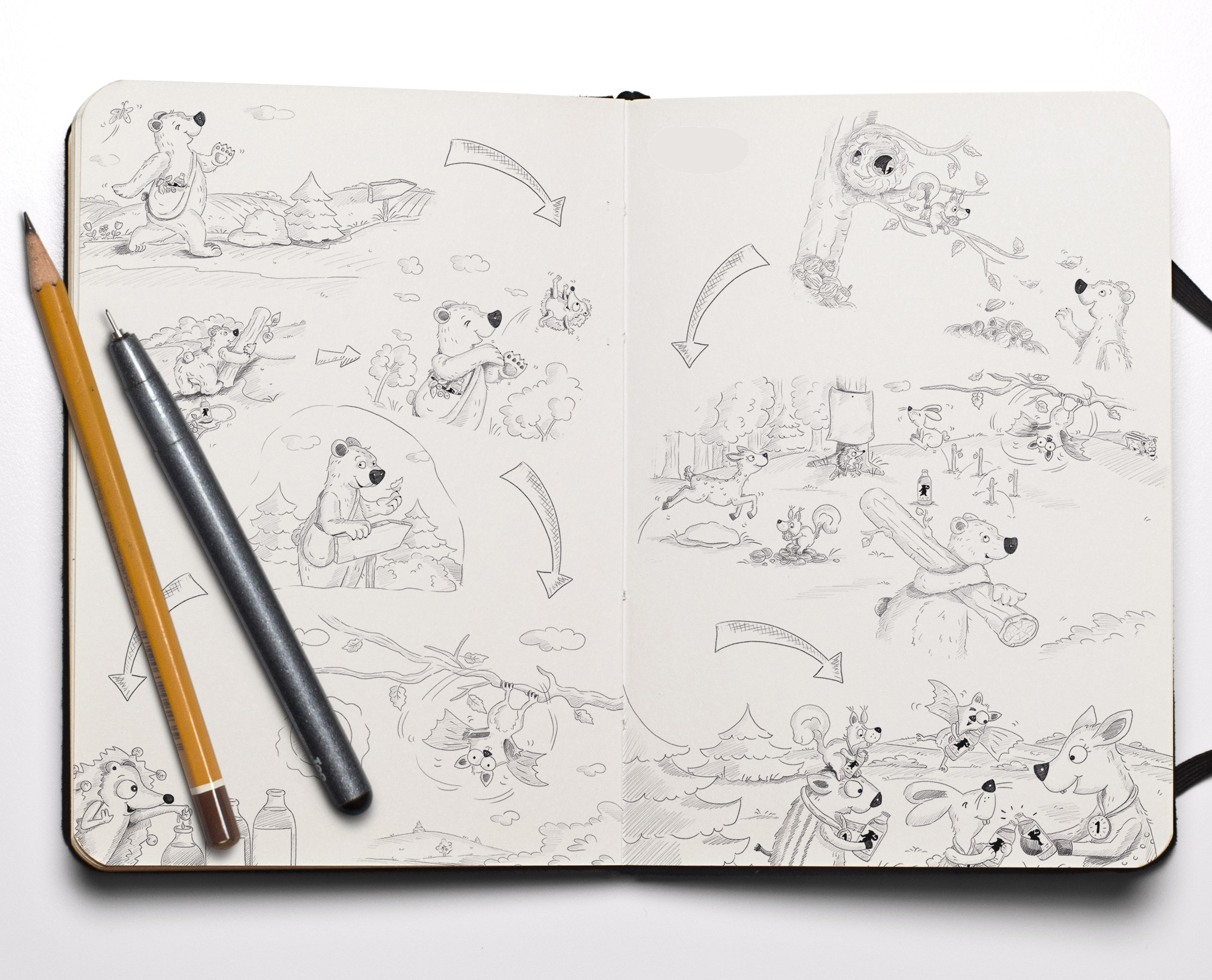 skizzenbuch, sketchbook, beerenkraefte, treuherz, evelyn faulhaber illustration, birgit koxeder-hessenberger, aroniasaft, aroniabeere, illustration für kinder, kinderbuch, bilderbuch, kinderbuchillustration